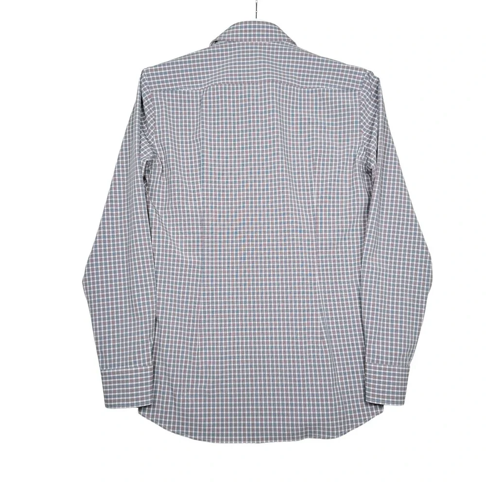 Hugo Boss Performance Slim Button Up Plaid Burgundy Blue - Small 14 1/2